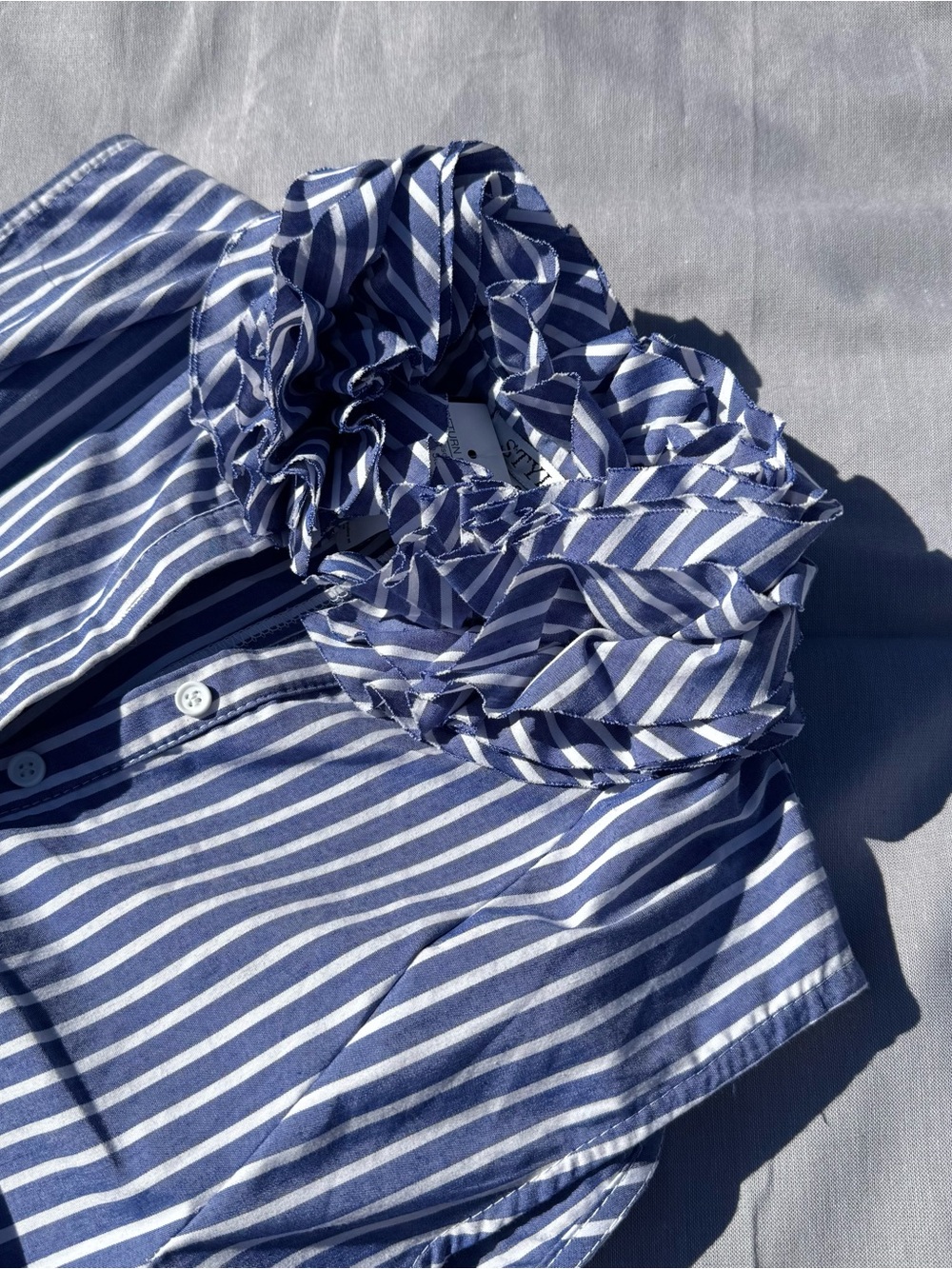 Blue & White Striped Ruffle Neck Sleeveless Hi-Low Tunic Top Small